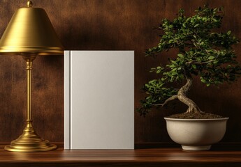 Poster - A white cover with a wooden background. A nighttime interior with a table lamp and a bonsai tree on a stack of books. An architectural rendering.