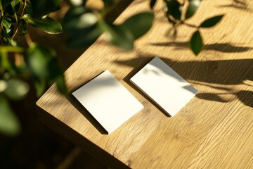 Poster - Business card mockup with leaves on wood table background. PSD file included.