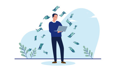 Aufkleber - Person with computer making money - Man standing holding laptop in hands smiling and earning income and salary online. Flat design vector illustration with white background
