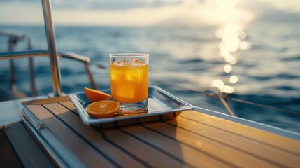 A glass of juice and fresh orange fruit closeup view on deck of luxury yacht in sea