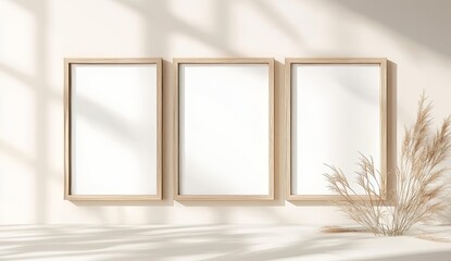 A mockup of three wooden frames on a pink and white wall, rendered in 3D