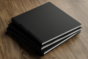 Poster - This mockup shows a vertical stack of black magazines and brochures on a wooden table