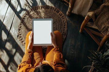 Wall Mural - The top view of this mockup shows a woman using a tablet computer at home with a white blank desktop screen