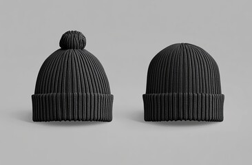 Canvas Print - Set of black winter beanie mockups isolated on a black background.