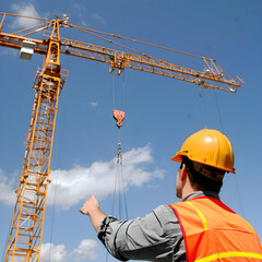 Construction supervisor wearing a hard hat and safety vest, pointing up at a crane on a construction site