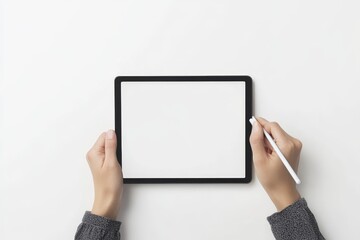 Poster - Hand holding a mockup tablet and pencil on white background with a blank screen