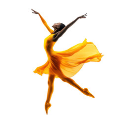 A woman in a yellow dress is dancing in the air