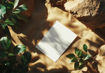 Poster - The blank book model is placed on rocks in the sand, a notebook mockup is shown, and a mockup made of nature is shown on a nature background.