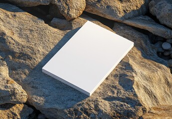 Poster - Book model placed on rocks in the sand, notebook mockup, mockup on nature background 03