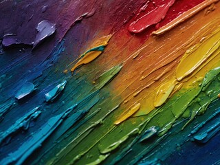 Wall Mural - Multicolored rainbow art closeup, rough texture, oil brushstrokes, palette knife on canvas