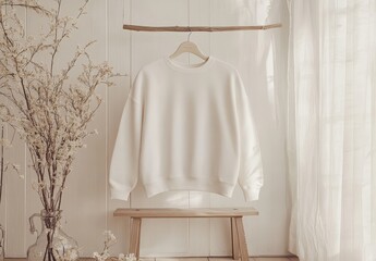 Canvas Print - The mockup shows a white sweatshirt on a hanger, with a boho background and palm leafs.