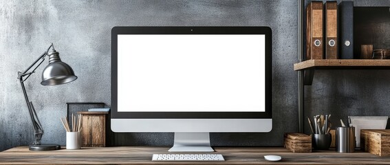 Poster - The interior of a cozy rustic workspace with a modern computer mockup is minimalistic and cozy