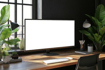 Poster - 3D mockup of a realistic presentation screen in a modern office environment, with a wide LED screen in the background
