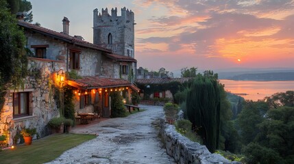 Wall Mural - A small town with a large building and a river in the background