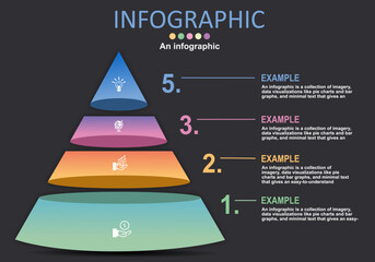 Poster - Vector infographic on a gray-black background, light bulbs with 5 layers, 5 steps or sequences in work, presentation of plans as ideas, creative ideas to help with presentations for understanding.