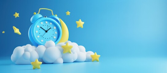 Blue Alarm Clock on a Cloud with Stars and Crescent Moon