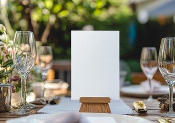 Poster - This is a 3D rendering of a mockup white blank space card, for greeting, table number, and wedding invitation template on a wedding table setting background. With a clipping path.