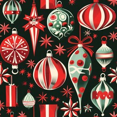 Poster - a seamless pattern with christmas ornaments and wrapping paper in classic red and green, creating a 