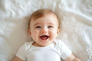 Poster - The top view of a baby wearing a white shirt bodysuit mock-up, on a white bed background. Design the onesie template, create your print presentation mock-up and show it off.