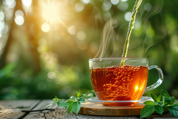 Cup of tea on wooden table and blurred nature background