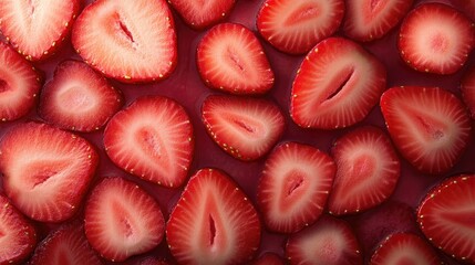 Wall Mural - Delicious strawberry halves covering the entire background with red hues