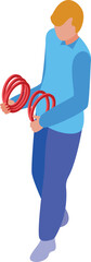 Poster - Electrician walking and holding two electric cable reels, isometric illustration
