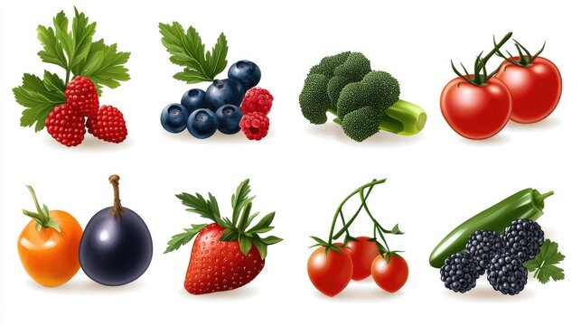 Detailed vector icons of mixed berries and vegetables on a plain white background.