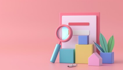 3D Render of Search Icon and Interface Elements