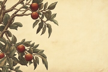 A vintage illustration of a tree branch with red fruits.