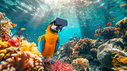 Wall Mural - Colorful parrot wearing virtual reality glasses in a vibrant coral reef. Concept of exotic bird, marine life, VR technology, underwater exploration