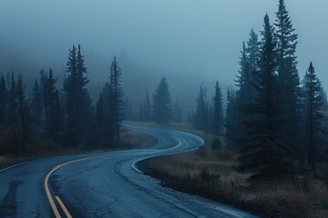 Wall Mural - a road with trees on both sides and a foggy sky
