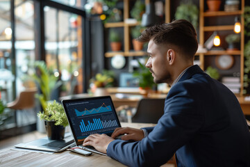 Businessman looking at financial data with charts and graphs while working on laptop