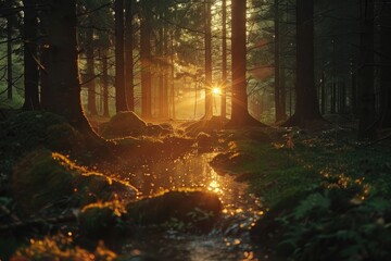 Wall Mural - a forest with a stream of water and a sun shining through the trees. the sun is casting a warm glow 