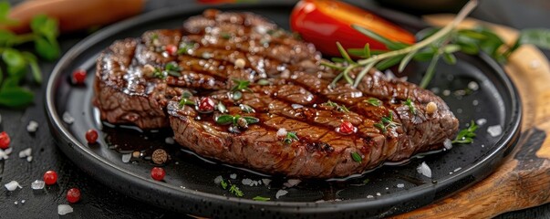 Wall Mural - A beautifully cooked steak garnished with herbs, served on a black plate. Perfect for food lovers and culinary enthusiasts.