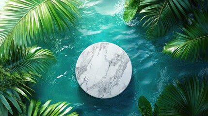 Canvas Print - Top view of a marble podium stand immersed in clear swimming pool water, surrounded by lush green palm leaves. Perfect summer tropical background for luxury product placement.