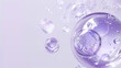 © Dina Photo Stories - Hyaluronic acid skin solutions ad, collagen serum drops. cosmetics advertising background. Abstract texture of transparent liquid bubbles on light lilac background. Collagen Hydrolysate. Copy space