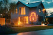© Alexandra - Modern smart home at night is being protected by a security system with a digital padlock icon
