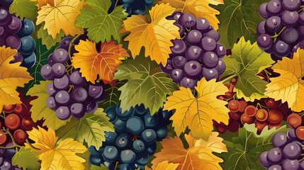 Canvas Print - A seamless pattern of grape clusters and vine leaves.