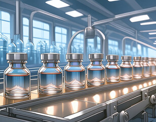 a row of glass vials with blue liquid moves along a conveyor belt in a modern factory