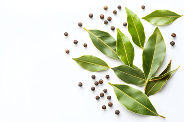 Fresh Laurel leaves isolated on white background. Green bay leaf. Top view