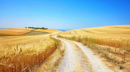 Scenic rural dirt road winding through golden wheat fields under clear blue sky. Concept of countryside, farming landscape, agricultural path, tranquil nature journey