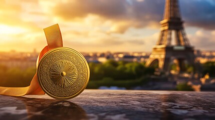 Wall Mural - Close-up of a gold medal with a ribbon, mockup design, detailed texture, against a blurred backdrop of the Eiffel Tower and Paris cityscape, bright and sunny day. Generative AI