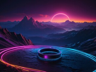 Wall Mural - Neon abstract background - 3D ring, surreal mountains, ultraviolet glow, virtual reality, high contrast