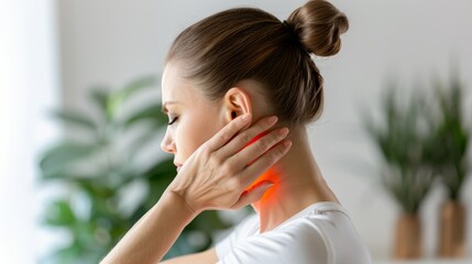 Young woman experiencing neck pain while holding her neck, surrounded by indoor plants, highlighting health and wellness.