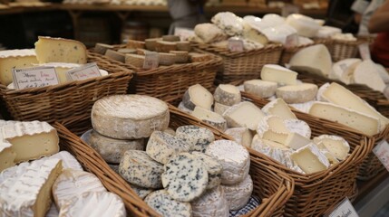 A French cheese market stall brimming with different types of cheese, from creamy Brie to sharp Roquefort, displayed in rustic baskets and wooden crates.