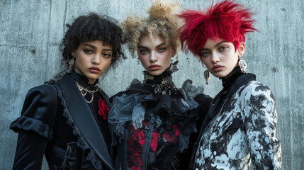 Wall Mural - Three women with red, black and white hair pose for a photo