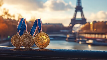 Wall Mural - Olympic gold, silver and bronze medals with ribbon against the backdrop of Paris cityscape. Generative AI