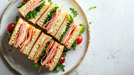 Wall Mural - Cherry ham sandwich on a plate on a white background