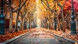 © Jafree - Scenic Urban Street Lined with Trees in Autumn. Concept of fall foliage, serene walkway, city environment, seasonal change