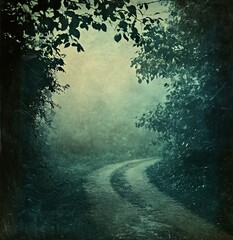 Poster - Fantasy colored woodland with blue-green color autumn forest road. Foggy countryside forest tree with winding road background. Color filter effect used.